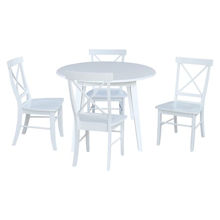 International Concepts 42 in. Solid Wood Round Dual Drop Leaf Dining Table with 4 Chairs in White K08-42DL-C613-4